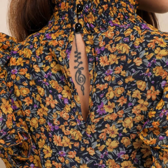 Evalina Mustard Yellow Floral Print Mock Neck Midi Dress - Picture 5 of 7